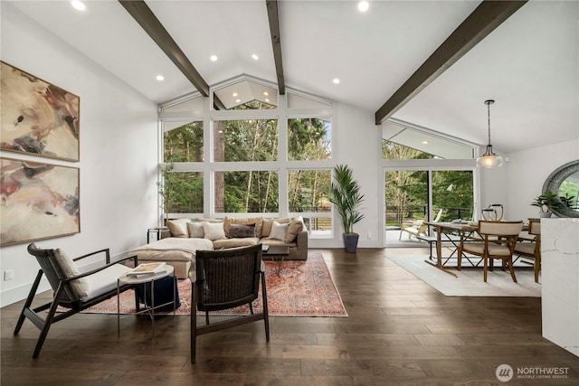 living room with beam ceiling, recessed lighting, dark wood-style floors, and high vaulted ceiling