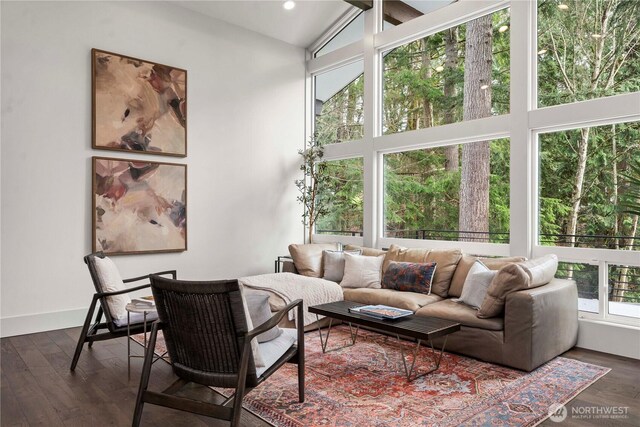 living room featuring recessed lighting, high vaulted ceiling, and dark wood-type flooring