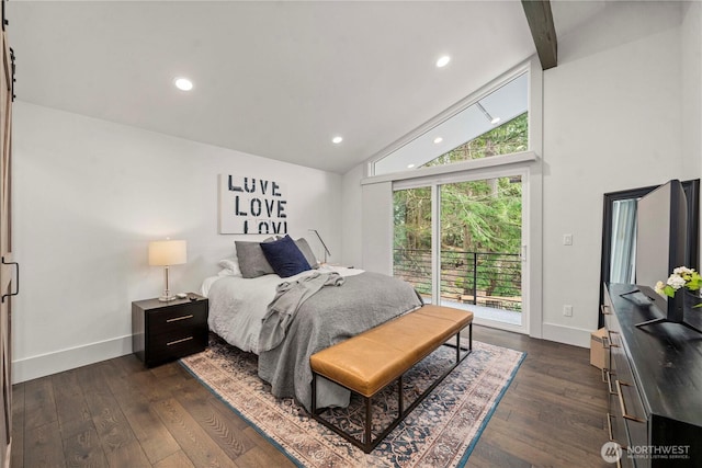 bedroom featuring baseboards, recessed lighting, access to exterior, dark wood-type flooring, and beamed ceiling