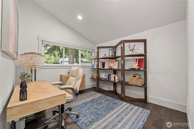 office with dark wood-style floors, recessed lighting, baseboards, and vaulted ceiling