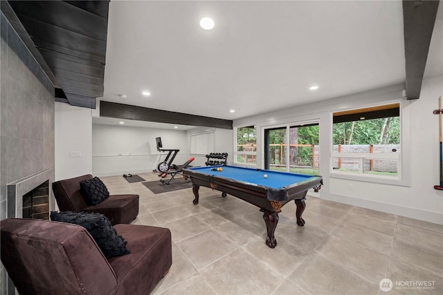 playroom featuring a tiled fireplace, billiards, recessed lighting, and baseboards