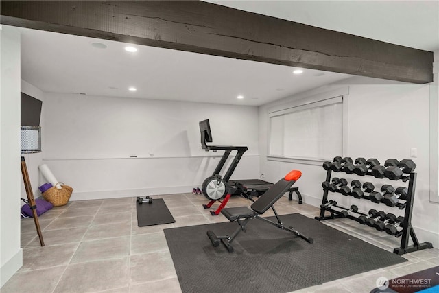 workout room with recessed lighting, baseboards, and tile patterned floors