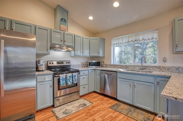 kitchen with light wood finished floors, lofted ceiling, appliances with stainless steel finishes, under cabinet range hood, and a sink