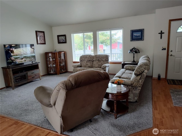 living area with vaulted ceiling and wood finished floors