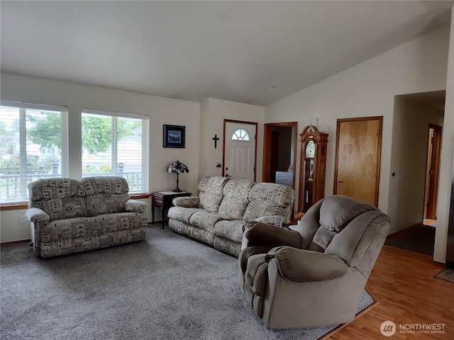 living room featuring lofted ceiling and wood finished floors