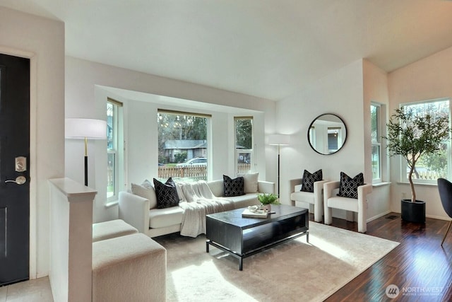 living area with vaulted ceiling and wood finished floors