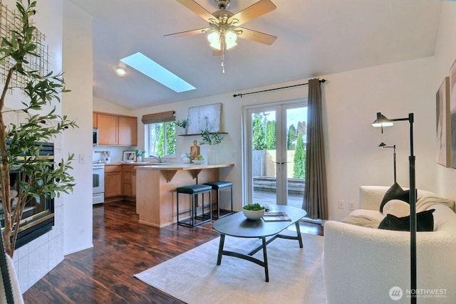 living area featuring dark wood-style floors, lofted ceiling with skylight, a ceiling fan, and french doors