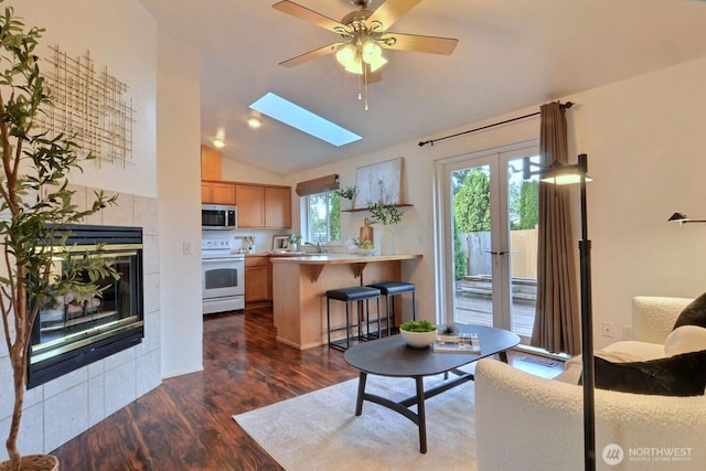 living area with lofted ceiling with skylight and dark wood-style flooring