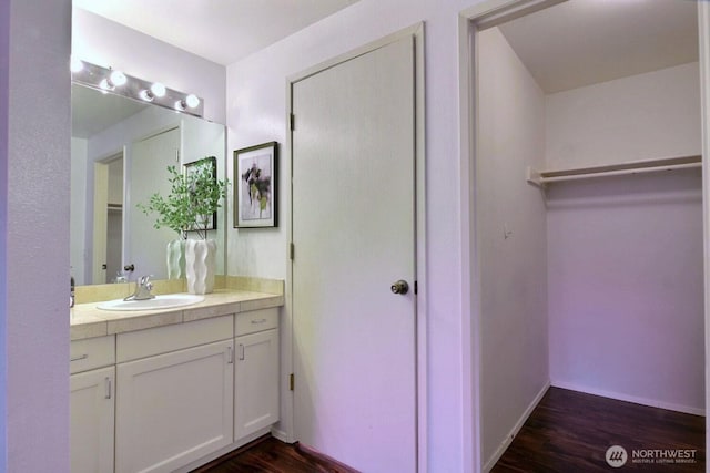 bathroom with wood finished floors, vanity, and a walk in closet