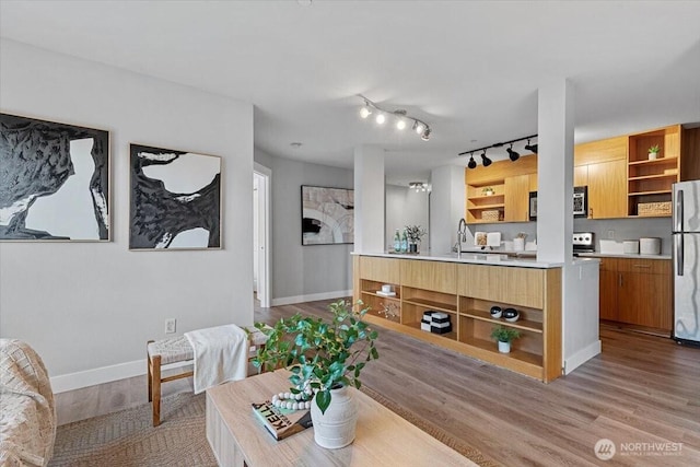 living room featuring light wood-style flooring and baseboards