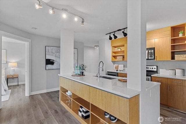 kitchen featuring modern cabinets, open shelves, a sink, wood finished floors, and appliances with stainless steel finishes