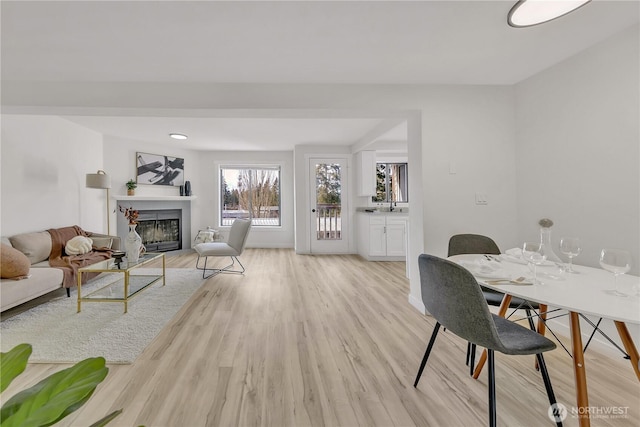 living room with light wood-style flooring and a fireplace