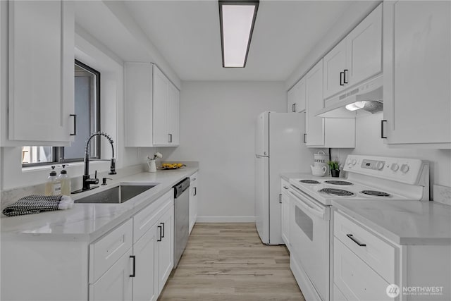 kitchen featuring under cabinet range hood, a sink, white cabinetry, stainless steel dishwasher, and white electric range oven