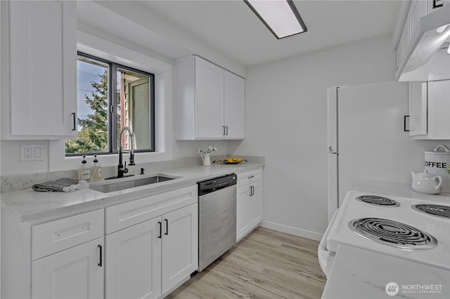 kitchen with a sink, under cabinet range hood, white cabinetry, and stainless steel dishwasher