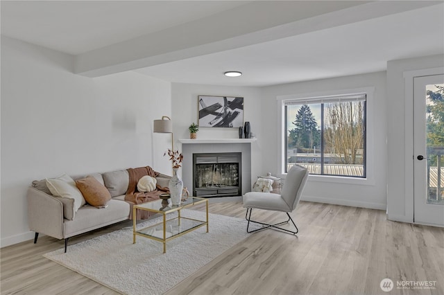 living room with a tile fireplace, wood finished floors, and baseboards