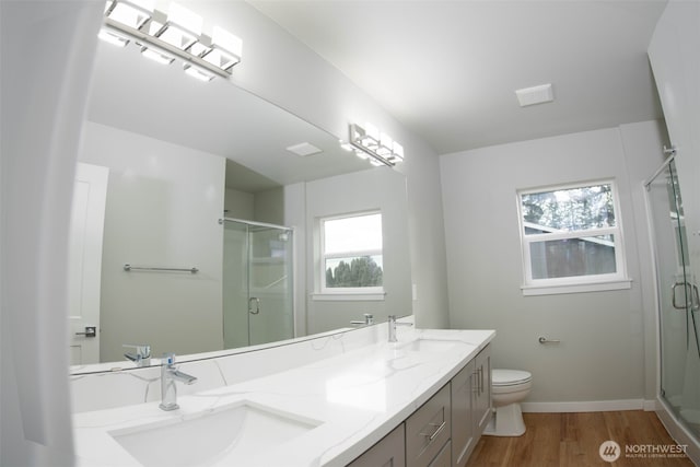 bathroom with wood finished floors, plenty of natural light, and a sink