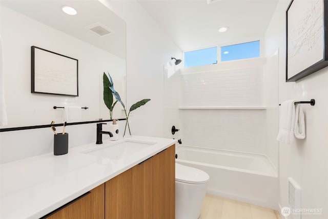 full bath with vanity, visible vents, recessed lighting, bathtub / shower combination, and toilet