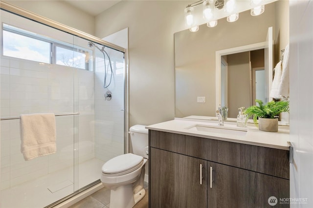 full bathroom with tile patterned floors, a shower stall, toilet, and vanity