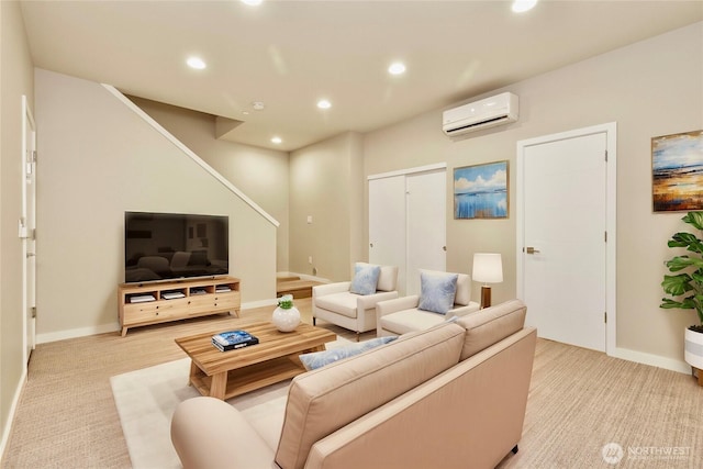 carpeted living area featuring a wall unit AC, baseboards, and recessed lighting