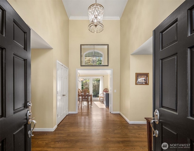 foyer featuring dark wood finished floors, a towering ceiling, and baseboards