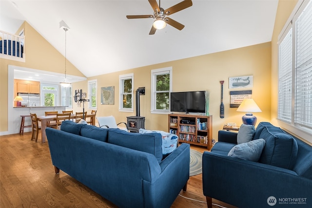 living area featuring high vaulted ceiling, wood finished floors, and a wealth of natural light