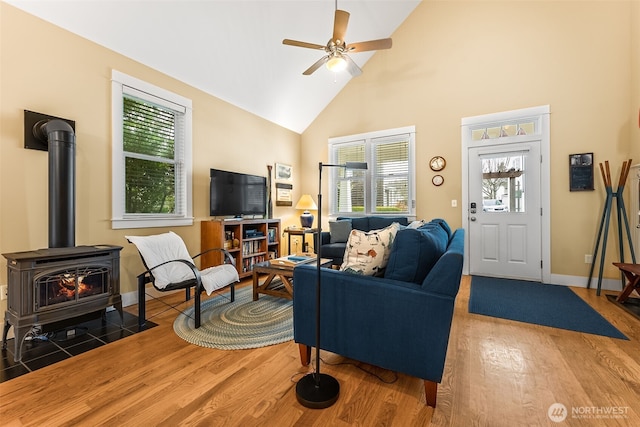 living area featuring a wood stove, wood finished floors, a wealth of natural light, and baseboards