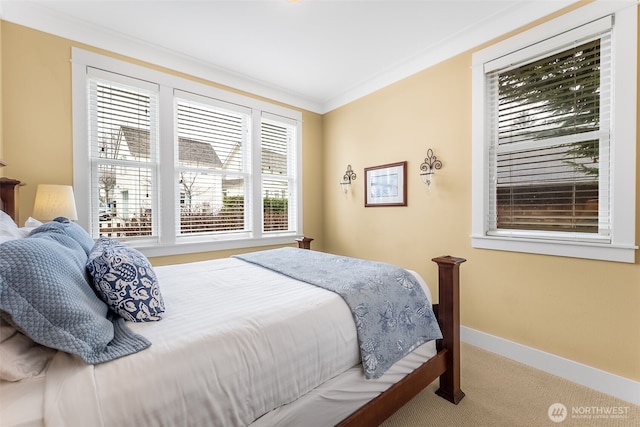 carpeted bedroom featuring crown molding and baseboards