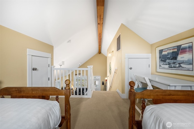 carpeted bedroom with vaulted ceiling with beams and visible vents