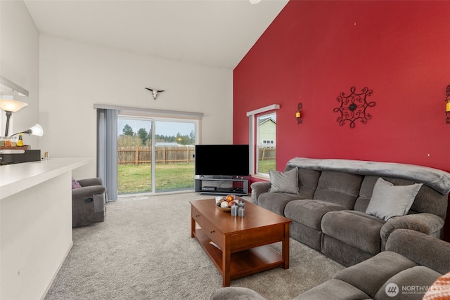 carpeted living area with a high ceiling