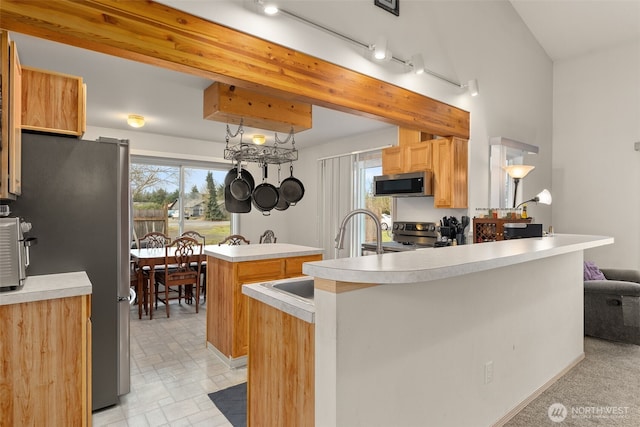 kitchen featuring a sink, stainless steel appliances, a peninsula, and light countertops