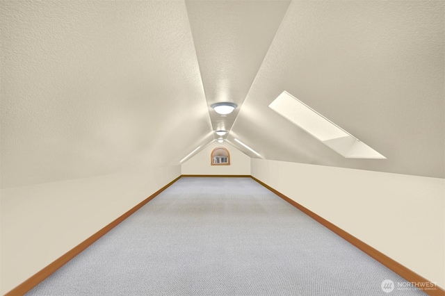 additional living space with lofted ceiling with skylight, light colored carpet, a textured ceiling, and baseboards