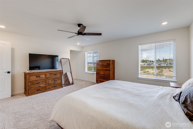 bedroom with carpet floors, recessed lighting, and baseboards