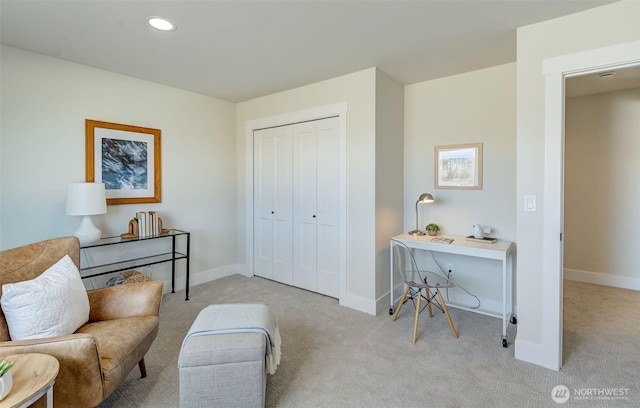 sitting room featuring recessed lighting, baseboards, and carpet floors