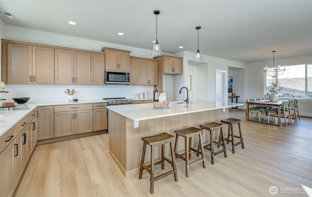 kitchen with light wood-type flooring, a kitchen bar, a sink, backsplash, and stainless steel appliances