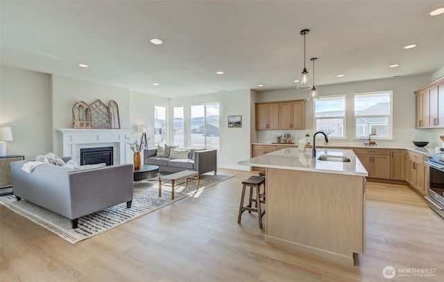 kitchen with a center island with sink, a sink, tasteful backsplash, open floor plan, and light wood finished floors