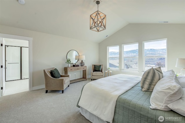 carpeted bedroom with visible vents, lofted ceiling, baseboards, and a chandelier