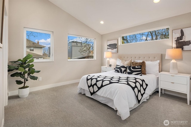 bedroom with lofted ceiling, baseboards, carpet flooring, and recessed lighting