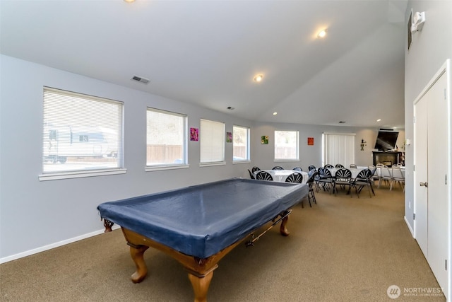 recreation room featuring lofted ceiling, visible vents, light carpet, billiards, and baseboards