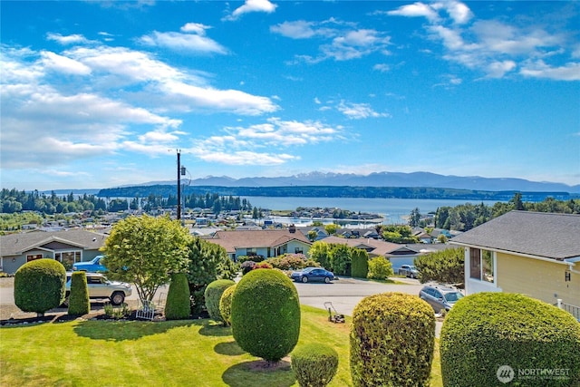 drone / aerial view with a residential view and a water and mountain view