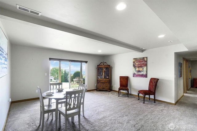 dining room featuring recessed lighting, visible vents, baseboards, and carpet