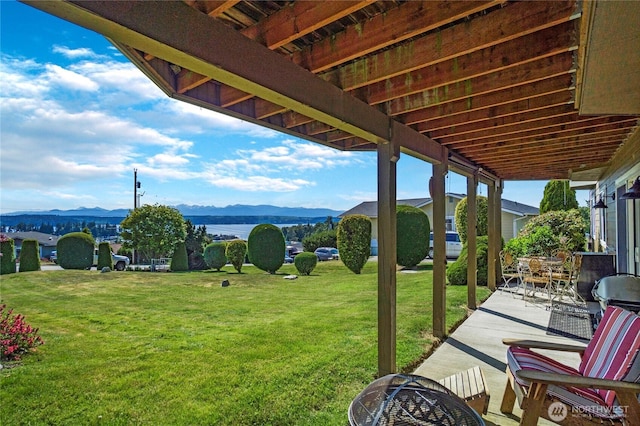 view of yard featuring a patio area and a mountain view