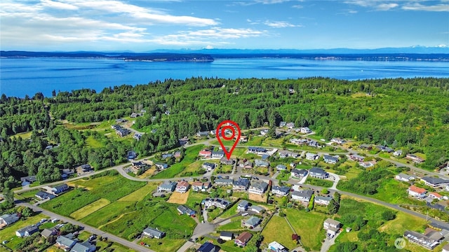 bird's eye view featuring a water view and a wooded view