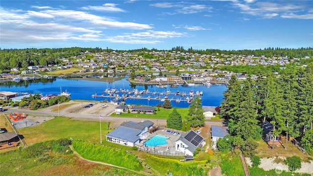 aerial view featuring a water view