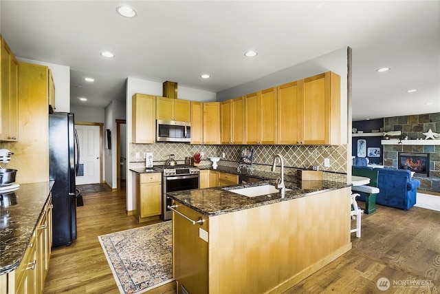 kitchen with dark stone countertops, wood finished floors, a sink, decorative backsplash, and appliances with stainless steel finishes