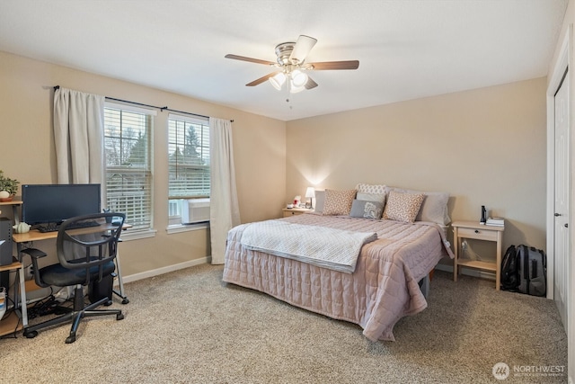 bedroom featuring carpet floors, ceiling fan, and baseboards