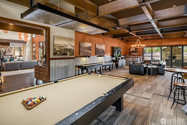 game room with coffered ceiling, beamed ceiling, pool table, an inviting chandelier, and carpet floors