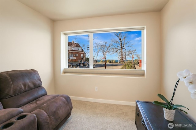 sitting room featuring carpet and baseboards