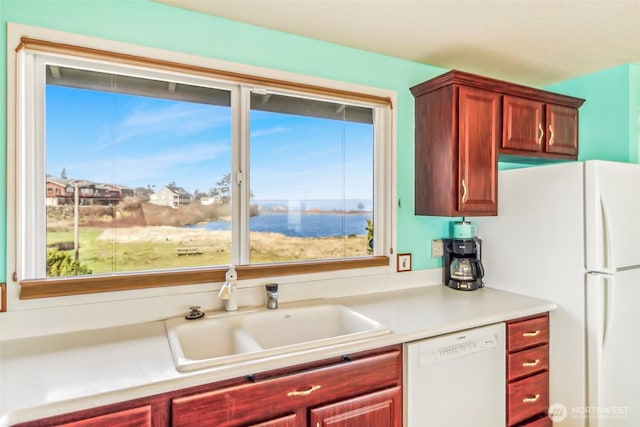 kitchen with a healthy amount of sunlight, white appliances, light countertops, and a sink