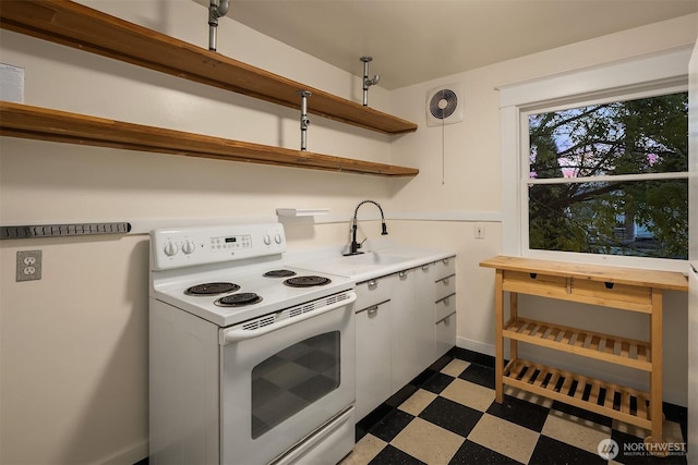 kitchen featuring visible vents, white range with electric cooktop, dark floors, open shelves, and a sink