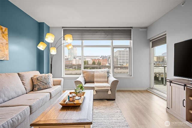 living area with baseboards and light wood-style floors